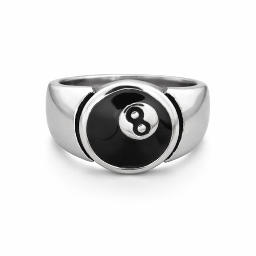 8 ball signet ring featuring billiards eight ball design in silver metal.
