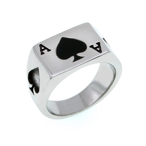 Ace of spades playing card ring with engraved spade design.