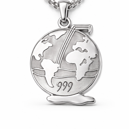 999 Earth pendant chain necklace featuring globe design in polished silver metal.